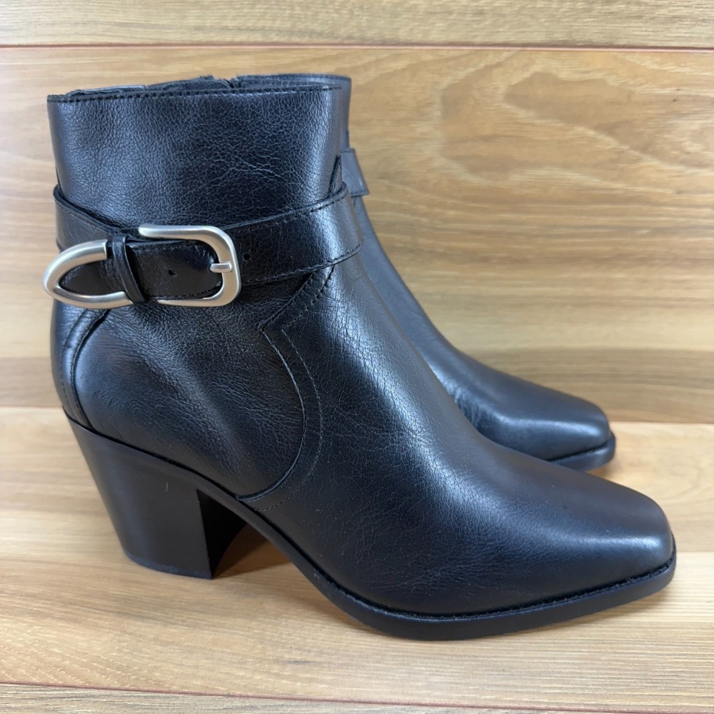 PAIGE Evelyn Moto Buckle Zip Boots Womens 7.5 Black Leather Square Toe